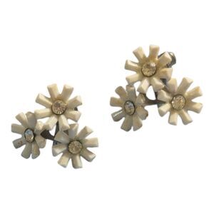 Vintage White Flower Screwback Earrings Rhinestone Floral